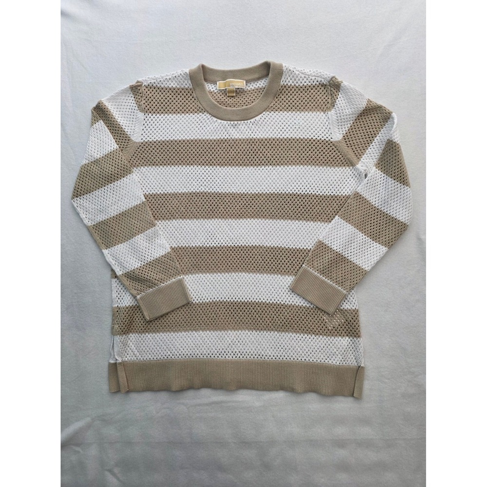 Michael Kors Sweater Open Knit Striped XL Tan White Coastal Preppy